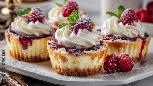 Wallpaper Mural Close-up of small, mini cheesecake cup with cream swirl and raspberry sauce on top, powdered sugar on top of the raspberry, in an elegant display, set against the backdrop of a kitchen counter Torontodigital.ca