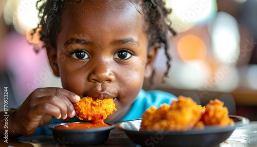 Close-up of a young child enjoying crispy fried chicken with dipping sauce