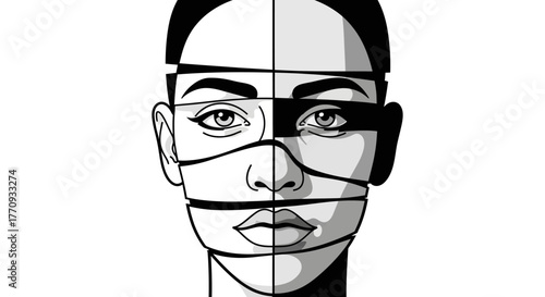 Fragmented Human Face Abstract Vector Illustration – Concept of Mental Health, Identity Crisis, or Digital Disconnection in Monochrome Style