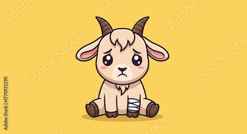 Cute Sad Goat Character Sitting with Bandaged Leg – Flat Vector Kawaii Illustration of Injured Animal