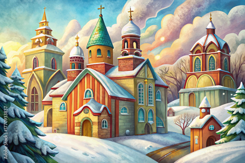 Historic church surrounded by snow covered houses in peaceful winter morning