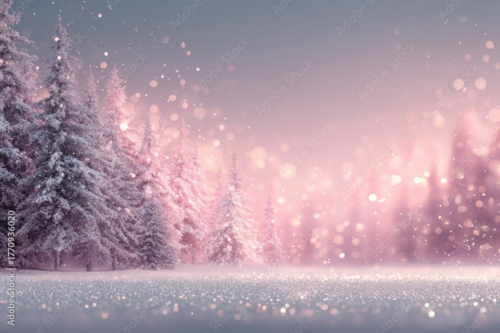 Naklejka premium Icy pink winter background featuring frosty trees adorned with silver sparkles, creating a magical atmosphere perfect for New Year's and Christmas celebrations with copy space