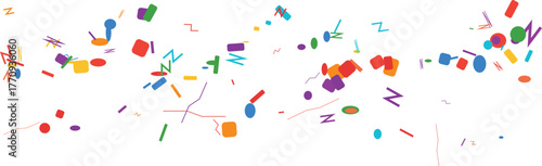 Colorful confetti scattered abstract background, festive bright multicolor shapes flying in celebration mood, creative joyful party design for banner, poster, or decoration