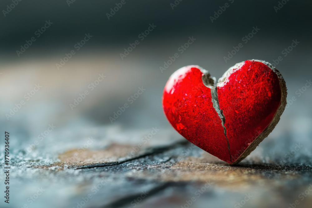 Fototapeta premium A cracked red heart figurine symbolizes heartbreak and emotional pain, resting on a textured surface.