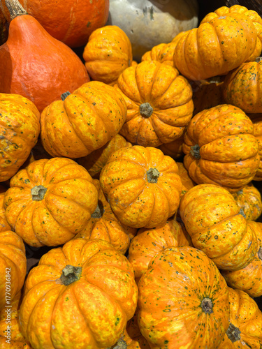 Vibrant pile of fresh orange pumpkins with textured skins and green stems, evoking autumn harvest abundance in a close-up rustic display