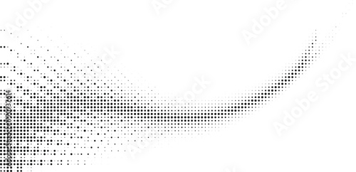 Abstract black halftone arc gradient background, dotted flowing wave pattern creating modern motion texture, minimal clean design for wallpaper, poster, or digital layout