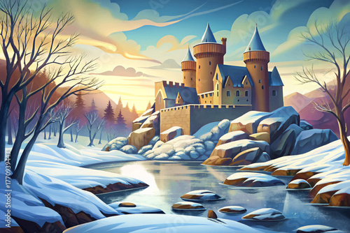Majestic stone castle overlooking frozen river under pale winter sky