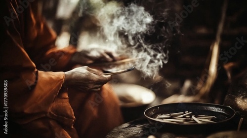 Close-up of a person's hands holding burning incense sticks creating smoke during a spiritual