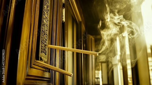 Mystical Incense Sticks Emitting Golden Smoke Against Ornate Wooden Carvings