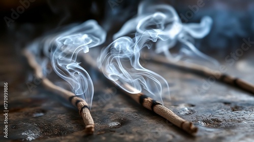 Serene smoke wisps from burning incense sticks evoking meditation and spiritual tranquility