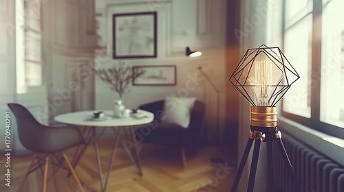 A beautifully designed cozy modern interior space with an elegant geometric lamp and stylish