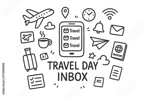 Travel Day Icons. Travel day inbox. Hand-drawn doodle illustration of travel day inbox. In the middle, one