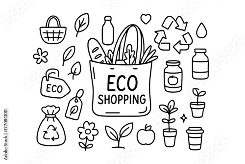 Eco-Friendly Shopping Icons. Eco-conscious shopping. Hand-drawn doodle illustration of eco-conscious shopping.