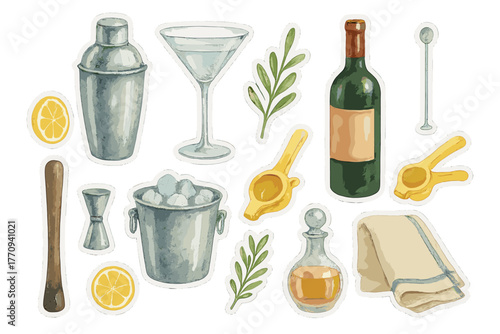 Watercolor Mixology Stickers. Home mixology setup. Realistic hand-painted watercolor style sticker sheet of