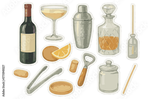 Modern Bar Essentials. Modern home bar essentials. Realistic hand-painted watercolor style sticker sheet of