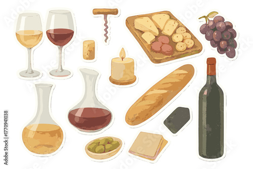 Wine Tasting Stickers. Wine tasting evening. Realistic hand-painted watercolor style sticker sheet of wine