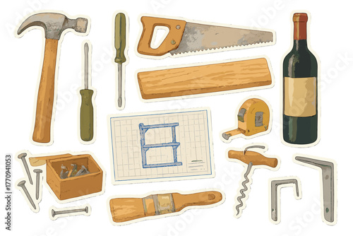 Watercolor Home Bar Stickers. Home bar craftsmanship. Realistic hand-painted watercolor style sticker sheet of