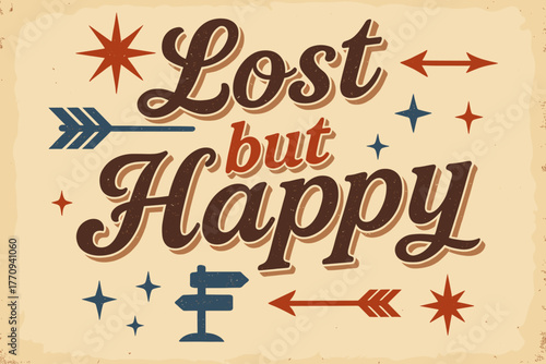 Nostalgic Travel Poster. Lost but Happy. vintage serif script with textured print, shadowed outlines, aged
