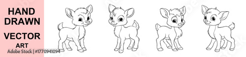 Cute baby deer hand drawn vector illustration, adorable woodland fawn character, black and white cartoon outline art, forest animal drawing for coloring book and nursery design