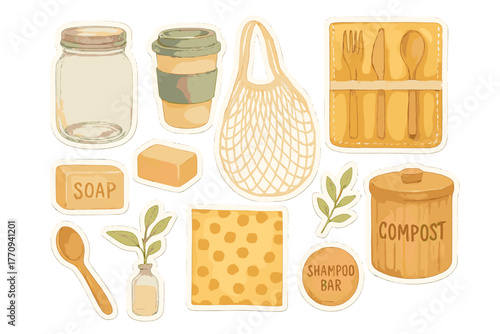 Zero Waste Watercolor Stickers. Zero waste lifestyle. Realistic hand-painted watercolor style sticker sheet of