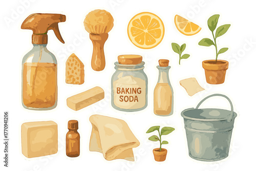 Eco Cleaning Stickers. Eco-friendly cleaning products. Realistic hand-painted watercolor style sticker sheet