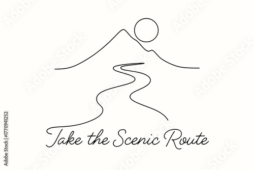 Minimalist Mountain Path. Take the Scenic Route. minimalistic one-line drawing of a winding road leading