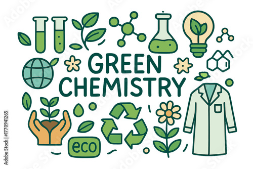 Green Chemistry Illustration. Green Chemistry. Hand-drawn doodle illustration of green chemistry. Test tubes,