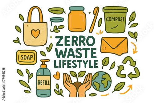 Zero Waste Doodle. Zero Waste Lifestyle. Hand-drawn doodle illustration of zero waste lifestyle. Reusable bag,