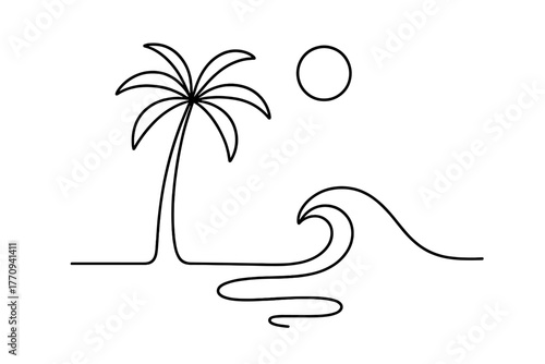 Minimalist Island Vibe. Views Island Life. minimalistic one-line drawing of a palm tree and ocean wave with