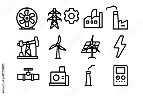 Industrial Energy Icons. Industrial energy. Line outline icon set of industrial energy: turbine, power line,