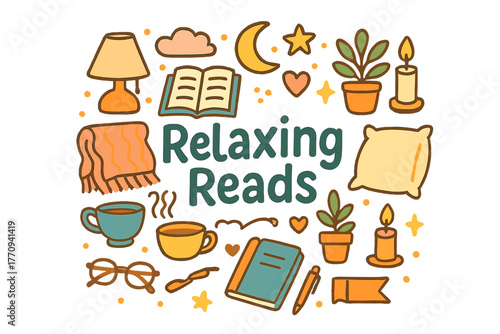 Relaxing Reading Doodle. Relaxing Reads. Hand-drawn doodle illustration of relaxing reads. Book, blanket,