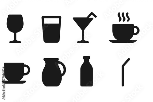 Beverage Icon Set. Beverages. Filled icon set of beverages: wine glass, water glass, cocktail, coffee cup, tea