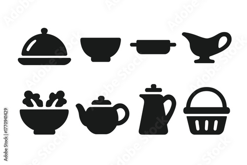 Serving Dishes Icons. Serving dishes. Filled icon set of serving dishes: platter, bowl, tray, sauce boat,