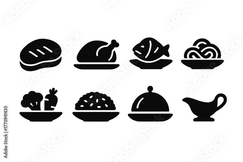 Main Course Icons. Main course dishes. Filled icon set of main course dishes: steak, roasted chicken, fish