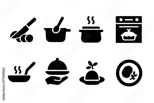 Cooking Icon Set. Cooking process. Filled icon set of cooking process: chopping, stirring, boiling, baking,
