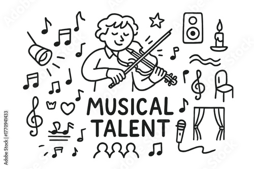 Expressive Violinist Doodle. Musical talent. Hand-drawn doodle illustration of musical talent. In the middle,