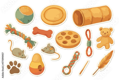 Pet Playtime Stickers. Pet playtime essentials. Realistic hand-painted watercolor style sticker sheet of pet