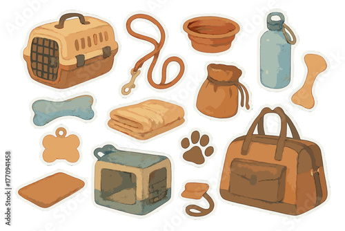 Pet Travel Stickers. Pet travel essentials. Realistic hand-painted watercolor style sticker sheet of pet