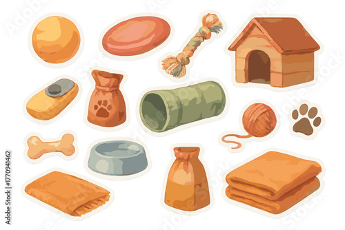 Pet Activity Stickers. Family pet activities. Realistic hand-painted watercolor style sticker sheet of family