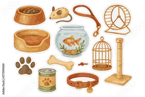 Watercolor Pet Stickers. The role of pets in family life. Realistic hand-painted watercolor style sticker