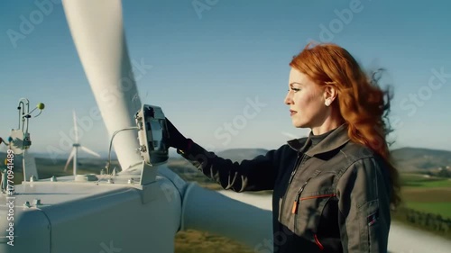 Woman inspects technology on a wind turbine with renewable energy turbines in background.