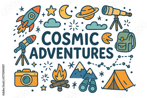 Cosmic Doodle Adventure. Cosmic Adventures. Hand-drawn doodle illustration of cosmic adventures. Rocket,