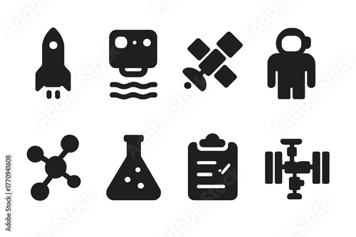Orbital Experiment Icons. Orbital experiments. Filled icon set of orbital experiments: rocket, floating