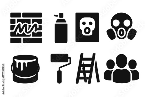 Street Art Icons. Street art. Filled icon set of street art: graffiti wall, spray can, stencil, mask, paint