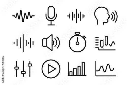 Speech Analysis Icons. Speech analysis. Line outline icon set of speech analysis: waveform, microphone, sound