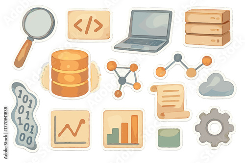 Watercolor Data Tools Stickers. Data extraction tools. Realistic hand-painted watercolor style sticker sheet