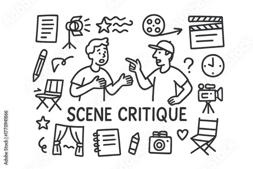 Doodle Scene Critique. Scene critique. Hand-drawn doodle illustration of scene critique. In the middle, one