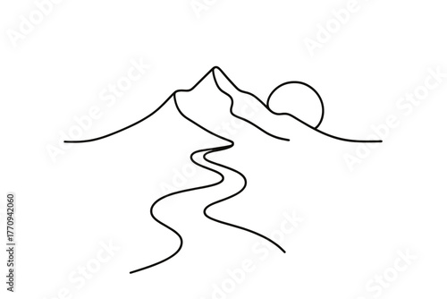 Mountain Path Sunrise. Journey Beyond. minimalistic one-line drawing of a mountain path leading toward a