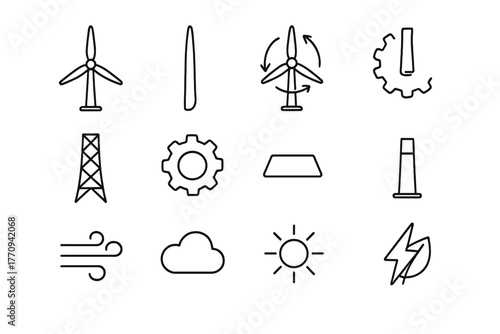 Wind Energy Icons. Wind energy system. Line outline icon set of wind energy system: turbine, blade, rotation