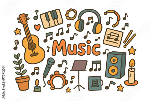 Doodle Music Collage. Music. Hand-drawn doodle illustration of music. Guitar, piano keys, headphones, sheet